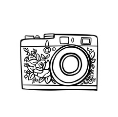 Сamera linear style and Hand drawn vector illustrations, outline. Vector illustration on white background. For cards, posters, decor, t shirt design, logo.