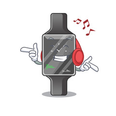 A Caricature design style of smart watch listening music on headphone