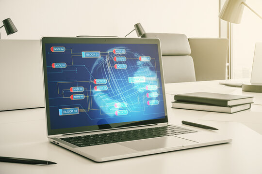 Modern computer display with abstract software development hologram and world map, global research and analytics concept. 3D Rendering