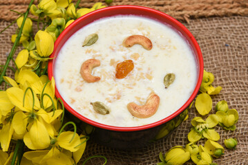 Mithai / semiya payasam(vermicelli), seasonal sweet dish Kerala India, South Indian sweet for Onam, Vishu festival. kheer made with roasted vermicelli, condensed milk in clay Dusshera, Vishu, Diwali, 
