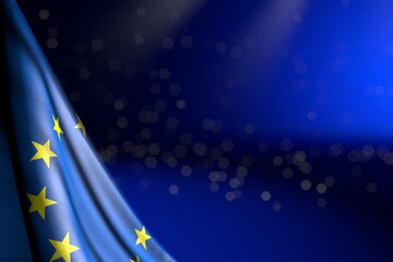 nice photo of European Union flag hanging diagonal on blue with bokeh and free space for content - any occasion flag 3d illustration..
