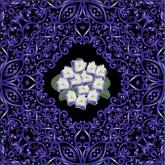 dark blue decorated square with small flowers on black
