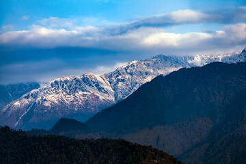 Kangchenjunga close up view from Pelling in Sikkim, India. Kangchenjunga is the third highest mountain in the world.