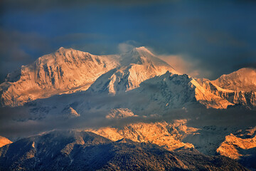 Obraz premium Kangchenjunga close up view from Pelling in Sikkim, India. Kangchenjunga is the third highest mountain in the world.