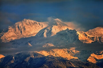 Kangchenjunga close up view from Pelling in Sikkim, India. Kangchenjunga is the third highest mountain in the world.