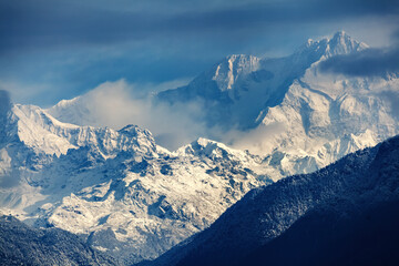 Kangchenjunga close-up uitzicht vanaf Pelling in Sikkim, India. Kangchenjunga is de derde hoogste berg ter wereld.