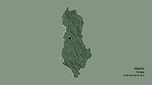 Elbasan, county of Albania, with its capital, localized, outlined and zoomed with informative overlays on a administrative map in the Stereographic projection. Animation 3D