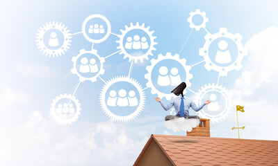 Concept of security and privacy protection with camera headed man meditating