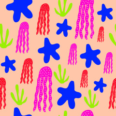 Vector jellyfish and  starfish seamless  pattern  design. Perfect for decorative  projects and  fabrics.