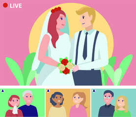 A couple doing online wedding ceremony via video call with relatives