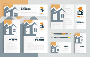 House building architecture theme Set flyer cover, tri-fold, banner, roll up banner, business card
