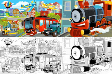 cartoon happy and funny scene of the middle of a city with cars and train