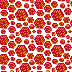 Seamless vector pattern. Hexagon pattern. Red and yellow colors. Yellow drops on red hexagons. Cartoon-like elements. Bright and positive pattern.