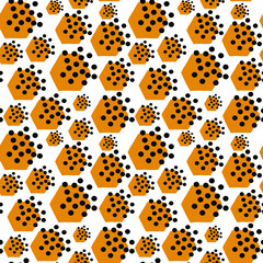 Seamless vector pattern. Hexagon pattern. Yellow and black colors. Yellow hexagons with black dots. Cartoon-like elements. Bright and positive pattern.