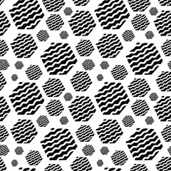 Seamless vector pattern. Hexagon pattern. Black elements. Decorative waves. Interesting and modern pattern.