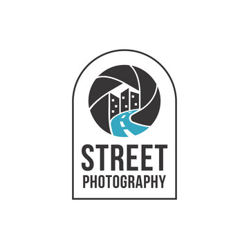 Street Photography Logo Icon Vector Template On White Background, Camera Shutter And Street Of Cityscape Logo
