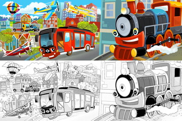 cartoon happy and funny scene of the middle of a city with cars and train