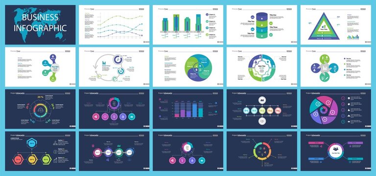 Business infographic design set can be used for workflow layout, presentation, annual report, web design. Marketing concept. Line chart, bar graph, comparison diagram, donut chart, process chart