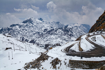 Snowy white peaks of Nathula Pass at Sikkim, India