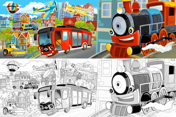 cartoon happy and funny scene of the middle of a city with cars and train