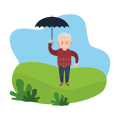 happy old grandfather with umbrella avatar character