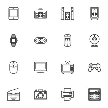 Household Appliances line icons set, outline vector symbol collection, linear style pictogram pack. Signs logo illustration. Set includes icons as tv, home theater, computer monitor, camera, telephone