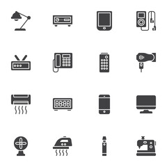 Home appliances vector icons set, modern solid symbol collection, household equipment filled style pictogram pack. Signs, logo illustration. Set includes icons as desk lamp, telephone, iron, fan, ac