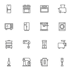 Kitchen appliances vector icons set, modern solid symbol collection, household equipment filled style pictogram pack. Signs, logo illustration. Set includes icons as electric stove, fridge, microwave