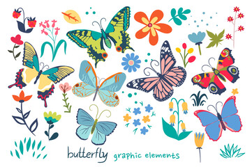 Butterfly and flowers graphic elements isolated on white background. Vector graphics