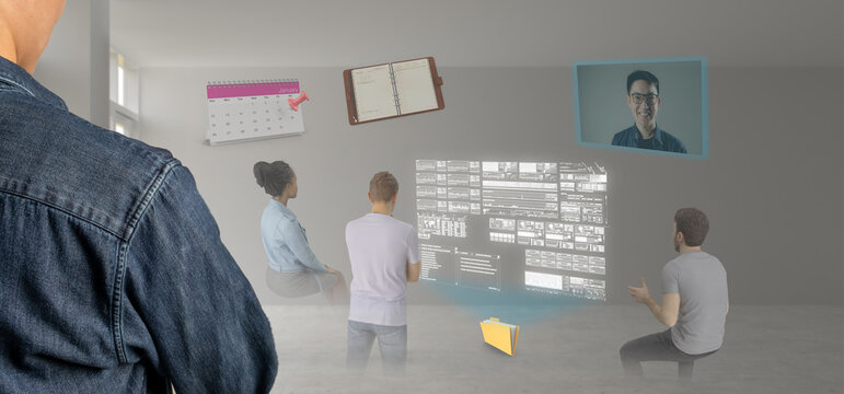 Futuristic technology trend of smart industry business meeting concept. Group of business man meeting anywhere in the world by using augmented mixed virtual reality technology