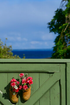 Hjo, Sweden  A green garden door with flowers and a view over Lake Vattern