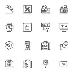 Discount sale line icons set, outline vector symbol collection, linear style pictogram pack. Signs, logo illustration. Set includes icons as cell phone sale, seller promotion, shopping bag, payment