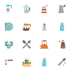 Coffee shop elements collection, flat icons set, Colorful symbols pack contains - coffee grinder, teapot, take away drink, sugar shaker, cezve, pitcher, tea cup. Vector illustration. Flat style design