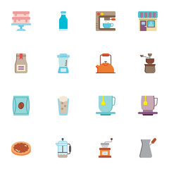 Coffee shop related collection, flat icons set, Colorful symbols pack contains - coffee machine, cake, grinder, tea bag, teapot, cezve, chocolate cookies, milk. Vector illustration. Flat style design