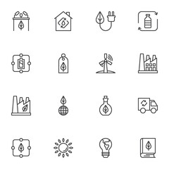 Ecology line icons set, eco energy outline vector symbol collection, linear style pictogram pack. Signs, logo illustration. Set includes icons as wind power, alternative green energy, factory, battery