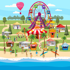 Fototapeta na wymiar Amusement park outdoor coast sea ocean festival Curcus tent Ferris Wheel Tents Canopy