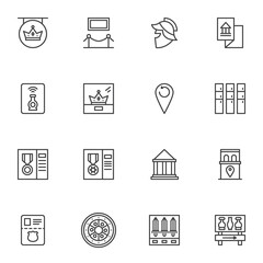 Museum exhibits line icons set, outline vector symbol collection, linear style pictogram pack. Signs, logo illustration. Set includes icons as ancient knight's helmet, medieval weapons, king crown