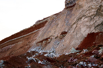 textures of various clay layers underground in  clay quarry after  geological study of  soil. colored layers of clay and stone in  section of  earth, different rock formations and soil layers.