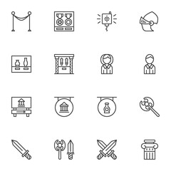 Gallery and museum line icons set, outline vector symbol collection, linear style pictogram pack. Signs logo illustration. Set includes icons - museum entrance, medieval sword, guide, showcase display