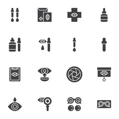 Ophthalmology vector icons set, modern solid symbol collection, optometry filled style pictogram pack. Signs, logo illustration. Set includes icons as corrective lens, eye drops, vision diagnosis