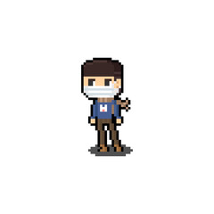Pixel art cartoon boy character wearing mask and brown scarf.