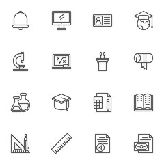 College and university line icons set, outline vector symbol collection, linear style pictogram pack. Signs, logo illustration. Set includes icons as graduation cap, podium, diploma certificate, book