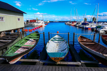 Hjo, Sweden A small pleasure boat harbour on Lake Vattern, and classic row boats called snipa elevated out of the water.
