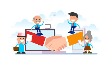 Online handshake, demonstration of agreement to sign agreement or contract between their companies.

