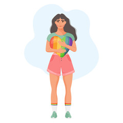 Young girl with a rainbow heart. Concept of equal rights for the lgbt community. Vector illustration.