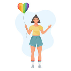 Young girl with a rainbow balloon. Concept of equal rights for the lgbt community. Vector illustration.