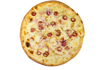 Delicious fresh pizza with sausage, red onion and cheese isolated on white background