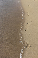 footprints on the sandy coast in the early sunny morning
