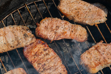 grilling pork for the forest picnic