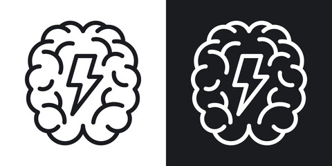Brainstorm or brainstorming icon. Human brain with a lightning bolt inside. Simple two-tone vector illustration on black and white background